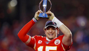 Kansas City Chiefs' Patrick Mahomes celebrates with the Lamar Hunt Trophy after the NFL AFC Championship football game against the Tennessee Titans Sunday, Jan. 19, 2020, in Kansas City, MO. The Chiefs won 35-24 to advance to Super Bowl 54. (AP Photo/Charlie Neibergall)