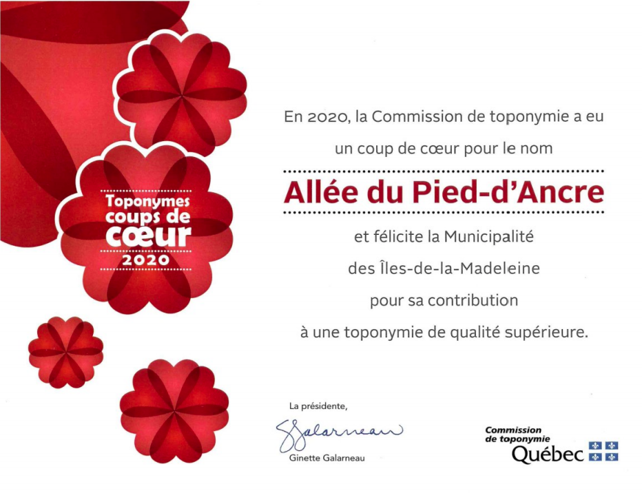 L’Allée du Pied-d’Ancre – Coups de cœur 2020 de la Commission de toponymie du Québec