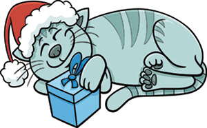 Cartoon illustration of cat or kitten animal character with gift on Christmas time