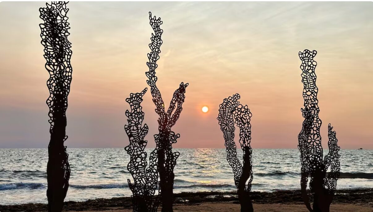 Une œuvre in situ en bordure d’une lagune aux Îles